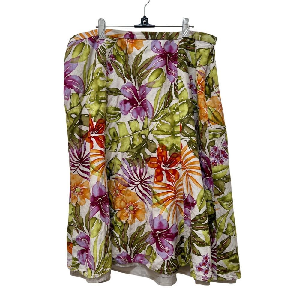 Talbots Womens 20W Tropical Floral Silk Linen Midi Skirt Multicolor Hibiscus